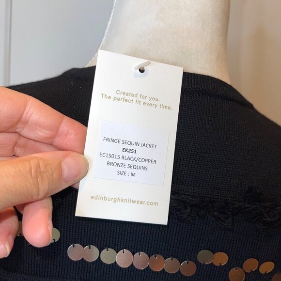 Edinburgh Knitwear Womens Jacket Black Size Medium Fringe Sequin Pure Wool NWT - Picture 5 of 13